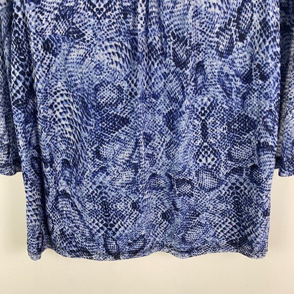 Chicos Shirred Mesh Snakeskin Blouse Size 3 US XL Blue 3/4 Sleeves - Picture 3 of 9